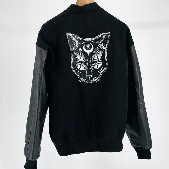Burk’s Bay Black Wool Leather Goth Cat Occult Patch Varsity Jacket From Fargo